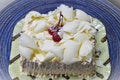 A small plate with white chocolate cake with cherries to decorate