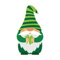 A small plump dwarf in a green striped hat holds a leaf of clover in his hands. A little bearded gnome, a cute cartoon character