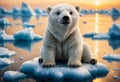 Small polar bear sits on an ice floe in the ocean. Generative AI