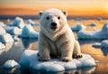 Small polar bear sits on an ice floe in the ocean. Generative AI