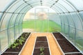 Small polycarbonate greenhouse in backyard in garden