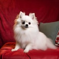 A small Pomeranian sits on a red blanket, Generative AI