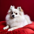 A small Pomeranian sits on a red blanket, Generative AI