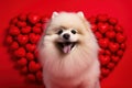 Small pomeranian spitz dog on red background full of hearts. Cute fluffy puppy dog