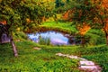 A small pond on home site and steps. Morning landscape