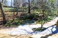 A small pond lined with stones in the garden surrounded by bare winter trees, lush green trees and plants at Gibbs Gardens