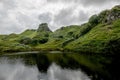 The small pond and reflected rocks of Faerie Castle Castle Ewen at the Fairy Glen in Isle of Skye, Scotland