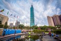 Small pond in the Xinyi District, and Taipei 101, in Taipei, Taiwan. Royalty Free Stock Photo