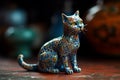 Small porcelain cat figurine. Multicolored ceramic figurine of kitten. Generative AI Royalty Free Stock Photo