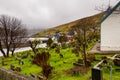 Small port town with church and cemetery, Vestmanna, Faroe Islands