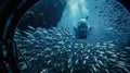 Through the small porthole a deepsea submersible is seen surrounded by a school of shimmering silvery fish. It steadily Royalty Free Stock Photo