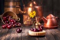 Small portion cheesecake with fresh sweet cherries against of cooper dish and scattered sweet cherries over on old wooden Royalty Free Stock Photo