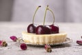 Small portion cheesecake with fresh sweet cherries against of gray background