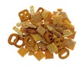 Small portion of peanut snack mix on a white background