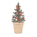 Small potted Christmas tree decorated with small fly agaric mushrooms, candies, and balls. Vector illustration isolated