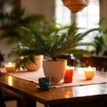 potted Norfolk Island pine tree on a decorated table