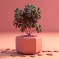 A small potted plant on a pink surface, 3D render. Generative AI illustrations