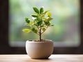a small potted plant on a wooden table in front of a window Royalty Free Stock Photo