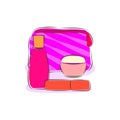 Small pouch, clutch with osmetics, lipstic, perfume, cream, pink colors. Flat vector illustration.