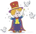 Little boy illusionist with a magic wand and hat