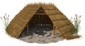A small, primitive hut made of thatched straw and wooden supports forms a semi- Royalty Free Stock Photo