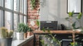 Small Printer in a Modern Loft Office Setting. The image showcases a compact printer placed on a wooden desk in a contemporary Royalty Free Stock Photo