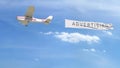 Small propeller airplane towing banner with ADVERTISING caption in the sky. 3D rendering