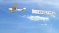 Small propeller airplane towing banner with I LOVE YOU caption in the sky. 3D rendering