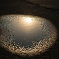 A small puddle on a textured asphalt surface reflecting sunlight Royalty Free Stock Photo
