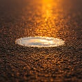 A small puddle on a textured asphalt surface reflects the warm glow of a setting or Royalty Free Stock Photo