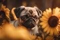 a small pug dog sitting in a field of sunflowers