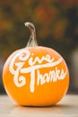 Small pumpkin with `Give Thanks` painted on it