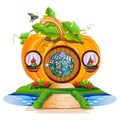 Small pumpkin house with a round door and stained glass windows Royalty Free Stock Photo