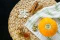 Small pumpkin with seeds on a circle mat on a black background