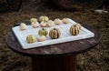 Small pumpkins are arranged on a round wooden table outdoors. They are placed on a white board marked with a red grid. Royalty Free Stock Photo