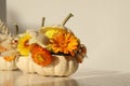 Small pumpkins with beautiful flowers and spikelets on white wooden table, closeup. Space for text Royalty Free Stock Photo