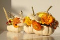 Small pumpkins with beautiful flowers and spikelets on white wooden table, closeup Royalty Free Stock Photo