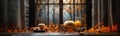 Autumn pumpkins, candle and fall foliage resting on cabin window sill with a country view banner - generative AI Royalty Free Stock Photo