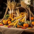 Of small pumpkins and gourds (Cucurbita spp.). Stalks of wheat (Triticum Royalty Free Stock Photo