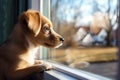 Small puppy dog standing on two legs and looking away by window and waiting for his owner. Alone pet at home Royalty Free Stock Photo