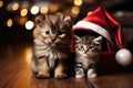 A small puppy and a kitten against the background of a Santa Claus hat. Advent calendar, postcard