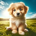 Small Puppy Sitting on Sunny Grassy Field Royalty Free Stock Photo