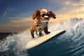 a small puppy on a surfboard, riding a small wave into shore