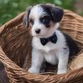 A small puppy wearing a bowtie and sitting in a basket3 Royalty Free Stock Photo