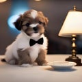 A small puppy wearing a bowtie and sitting at a tiny table with a tea set5 Royalty Free Stock Photo