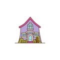 Small purple village house. Vector illustration of cute building exterior. Cartoon home with windows and doors Royalty Free Stock Photo