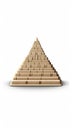 Small pyramid made of wood, with top part missing. It is placed on white background and stands out due to its