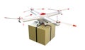 Small quadrocopter drone delivers a package.