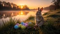 Small rabbit and easter eggs at lake during sunrise Royalty Free Stock Photo