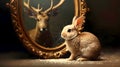 Small Rabbit Facing Powerful Deer Reflection In Antique Mirror Symbolizing Inner Potential Royalty Free Stock Photo